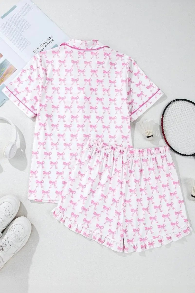 Pink Bowknot Printed Short Sleeve and Ruffled Shorts Valentines Pajama Set - Love Salve